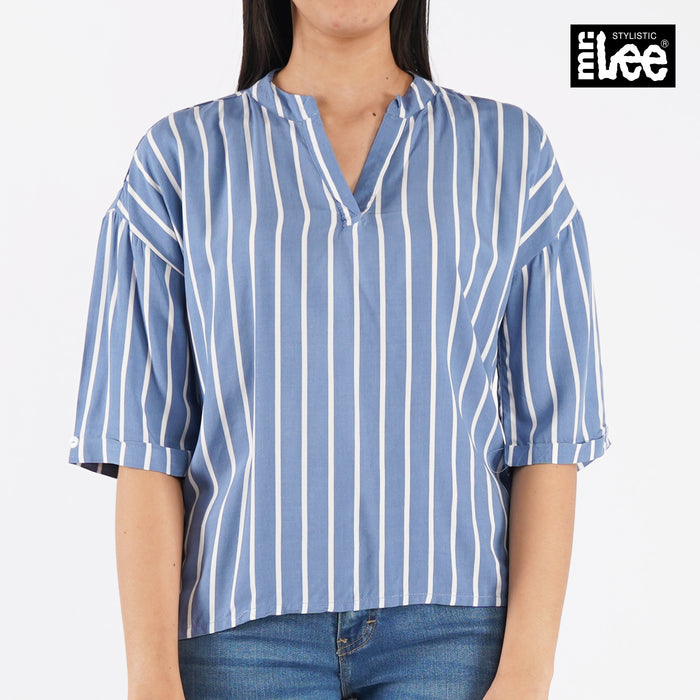 Stylistic Mr. Lee Ladies Basic Woven Striped 3/4 Sleeve Blouse for Women Trendy Fashion High Quality Apparel Comfortable Top for Women Loose Fit 128470 (Blue)