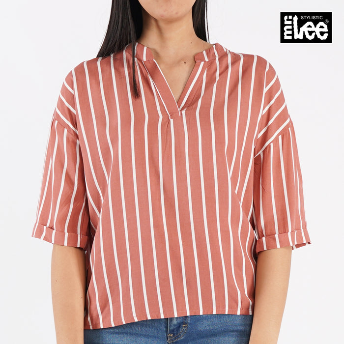 Stylistic Mr. Lee Ladies Basic Woven Striped 3/4 Sleeve Blouse for Women Trendy Fashion High Quality Apparel Comfortable Top for Women Loose Fit 128470 (Pink)