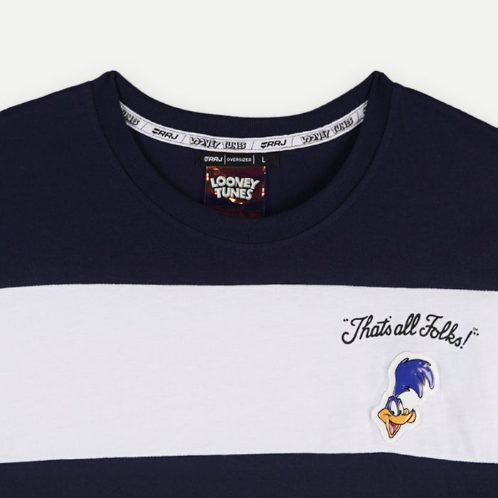 RRJ X Looney Tunes ROAD RUNNER Tees for Men Oversized Fitting With Stripes Shirt Cotton Fabric Comfortable to Wear Fashionable Trendy fashion Short Sleeve Round Neck Top Tee Shirts for Men 134331 (Navy)
