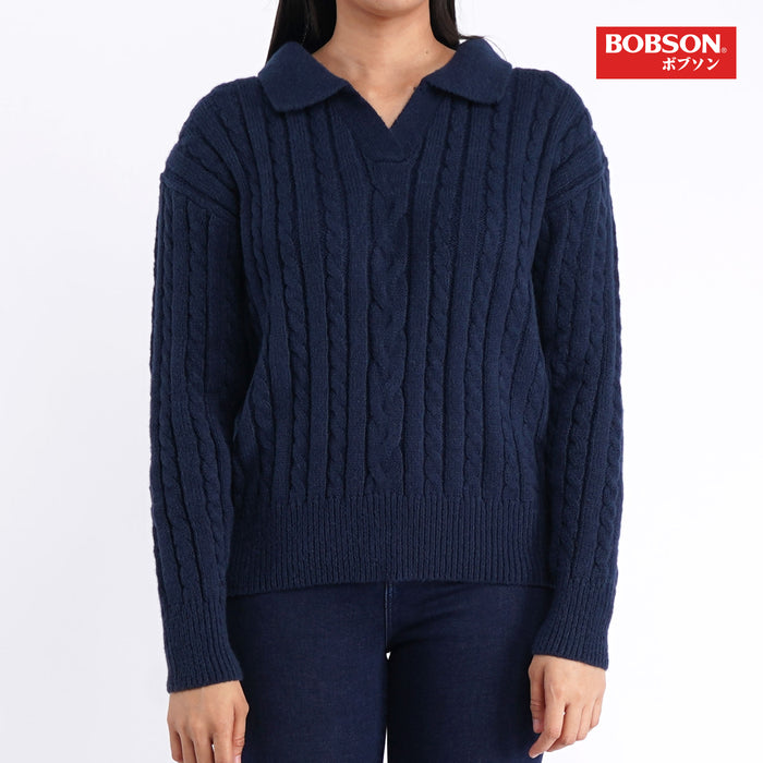 Bobson Japanese Ladies Basic Knitted Long sleeves Sweater for Women with Collar Trendy Fashion High Quality Apparel Comfortable Casual Jacket for Women Regular Fit 121683 (Navy)