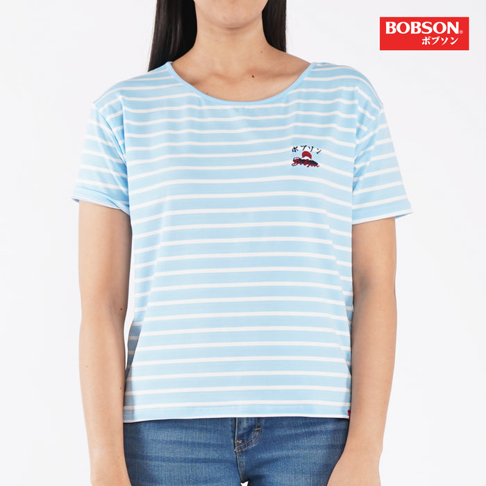 Bobson Japanese Ladies Basic Striped Round Neck T-shirt for Women Trendy Fashion High Quality Apparel Comfortable Casual Tees for Women Loose Fit 138058-U (Chambray Blue)
