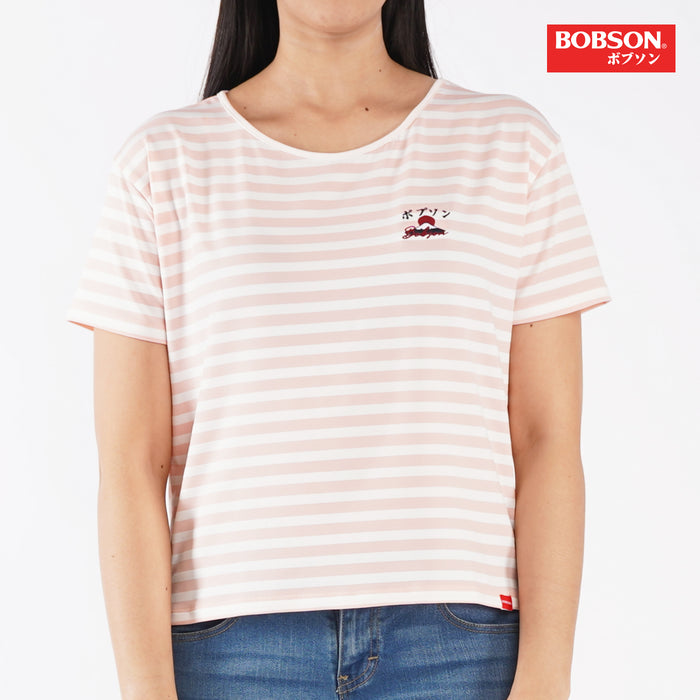 Bobson Japanese Ladies Basic Striped Round Neck T-shirt for Women Trendy Fashion High Quality Apparel Comfortable Casual Tees for Women Loose Fit 138058-U (Coral)