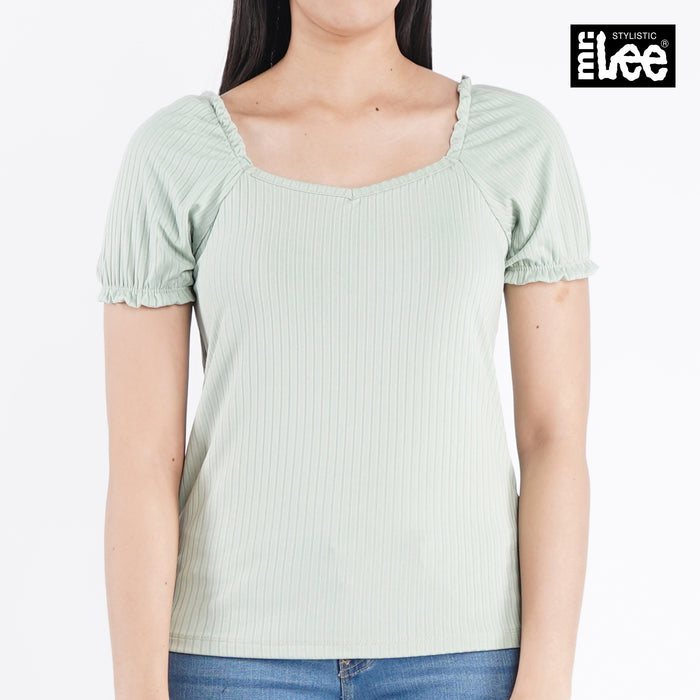 Stylistic Mr. Lee Ladies Basic Tees Puff Garterized Sleeves Trendy Fashion High Quality Apparel Comfortable Casual Top for Women Regular Fit 143055-U (Green)