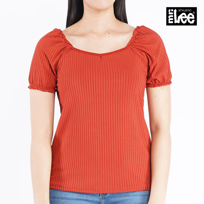 Stylistic Mr. Lee Ladies Basic Tees Puff Garterized Sleeves Trendy Fashion High Quality Apparel Comfortable Casual Top for Women Regular Fit 143055-U (Rust)