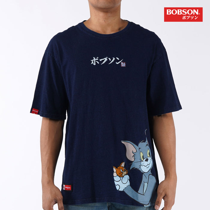 Bobson x Tom and Jerry Men's Oversized Indigo Graphic T Shirt Trendy Fashion High Quality Apparel Comfortable Casual Top for Men Oversized shirt 133501 (Dark Wash)