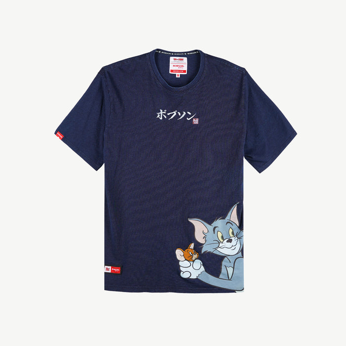 Bobson x Tom and Jerry Men's Oversized Indigo Graphic T Shirt Trendy Fashion High Quality Apparel Comfortable Casual Top for Men Oversized shirt 133501 (Dark Wash)