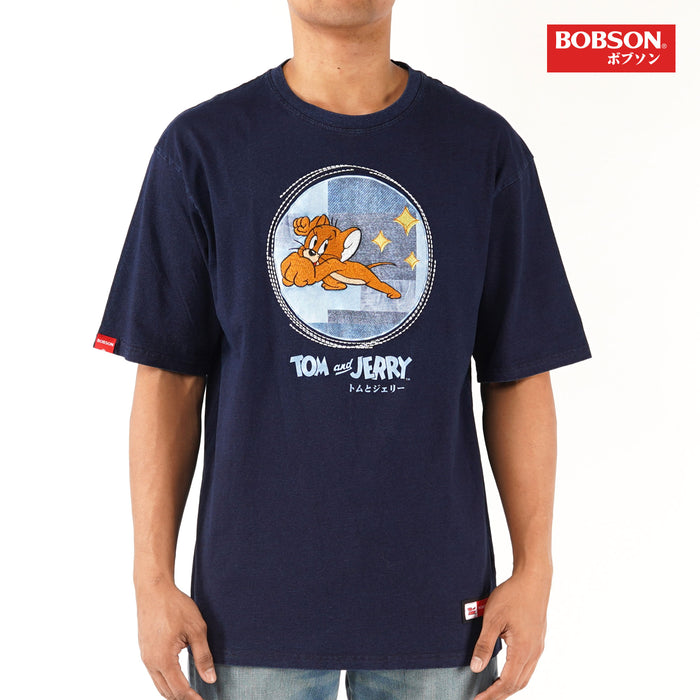 Bobson X Tom and Jerry Men's Oversized Indigo Graphic T Shirt Trendy Fashion High Quality Apparel Comfortable Casual Tees for Men Oversized Shirt 133507 (Dark Wash)
