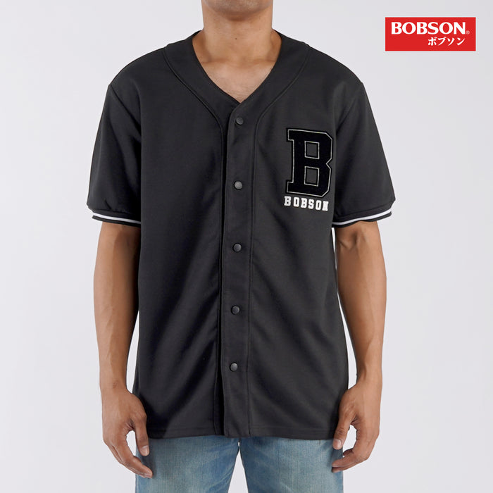 Bobson Japanese Men's Basic Varsity Button Down Shirt for Men with Back Print Trendy Fashion High Quality Apparel Comfortable Casual Tees for Men Regular Fit 111322 (Black)