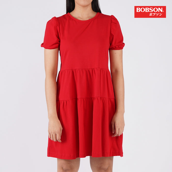 Bobson Japanese Ladies Basic Puff Sleeve Dress For Women Trendy Fashion High Quality Apparel Comfortable Casual Dress for Women Regular Fit 141031 (Tango Red)