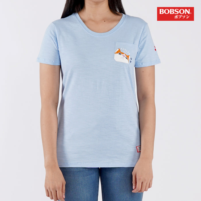 Bobson Japanese Ladies Basic Round Neck T shirt for Women with chest pocket Trendy Fashion High Quality Apparel Comfortable Casual Tees for Women Regular Fit 123454 (Chambray Blue)