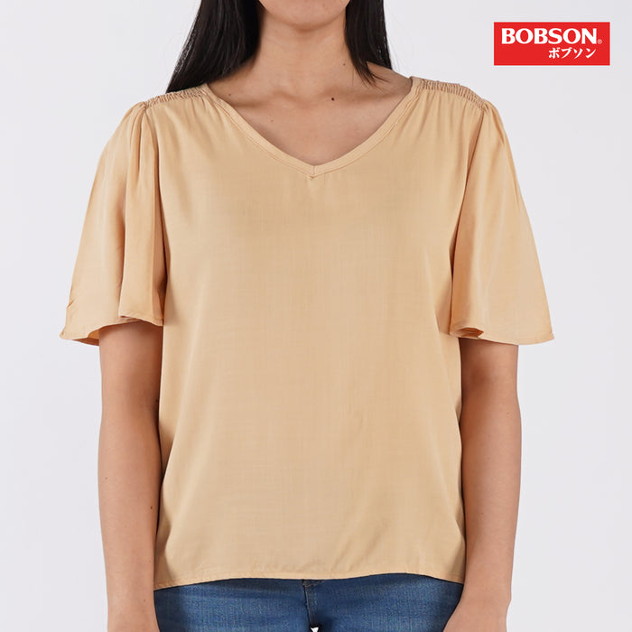 Bobson Japanese Ladies Basic Plain Woven Shirt for Women Trendy Fashion High Quality Apparel Comfortable Casual Top for Women Relaxed Fit 129036 (Beige)
