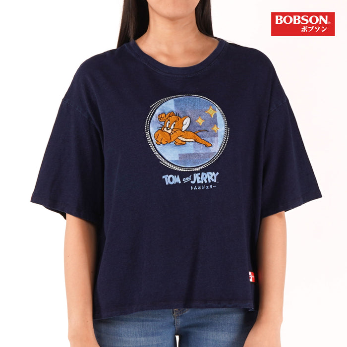 Bobson Japanese X Tom and Jerry Ladies Basic Boxy fit Indigo T-shirt Trendy Fashion High Quality Apparel Comfortable Casual Top for Women 134890 (Dark Wash)