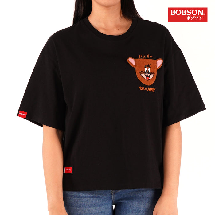 Bobson Japanese X Tom and Jerry Ladies Relaxed Fit Pocket T-shirt Trendy Fashion High Quality Apparel Comfortable Casual Top for Women Relaxed Fit 137391 (Black)