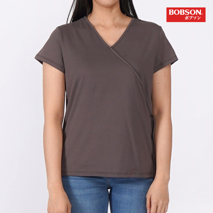 Bobson Japanese Ladies Basic Plain V-Neck Tees for Women Trendy Fashion High Quality Apparel Comfortable Casual Top for Women Relaxed Fit 138082 (Pavement)