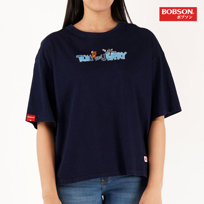 Bobson Japanese X Tom and Jerry Ladies Basic Relaxed fit Indigo T-shirt Trendy Fashion High Quality Apparel Comfortable Casual Top for Women 134895 (Dark Wash)