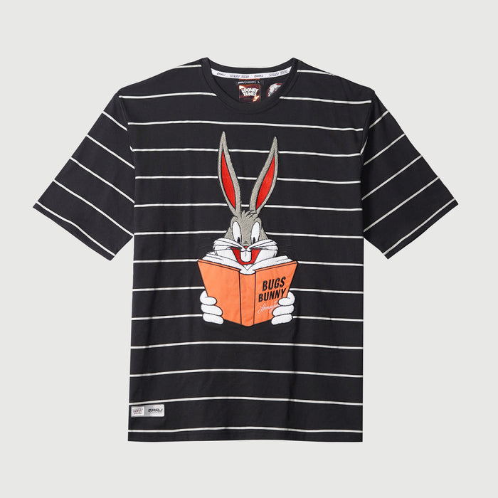 RRJ X Looney Tunes Stripes Graphic Tees for Men Oversized Fitting With Stripes Shirt Cotton Fabric Comfortable to Wear Fashionable Trendy fashion Short Sleeve Round Neck Top Tee Shirts for Men 132328 (Black)