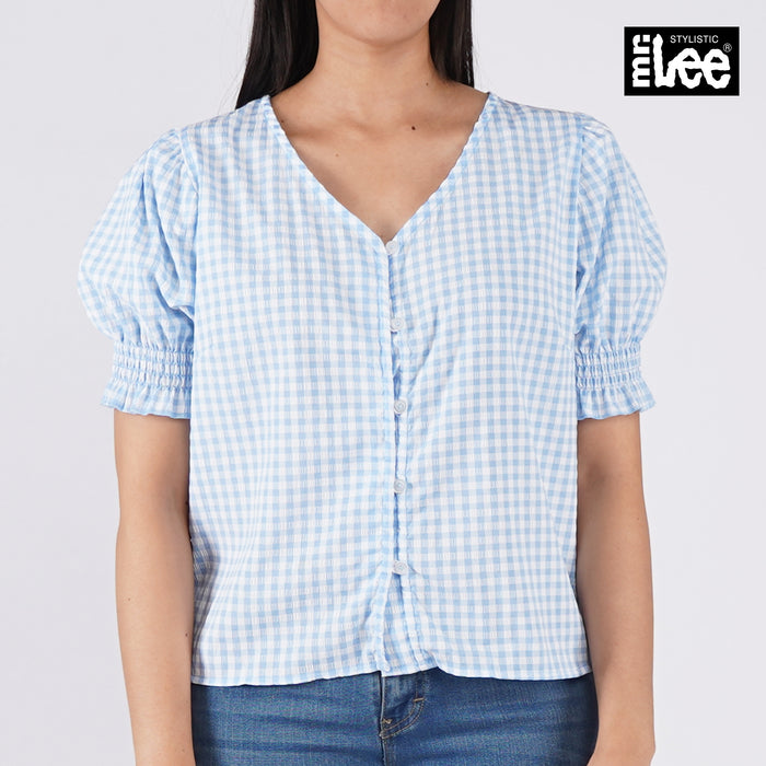 Stylistic Mr. Lee Ladies Basic Woven V Neck Button Down Top for Women Trendy Fashion High Quality Apparel Comfortable Casual Puff Sleeve Top for Women Boxy Fit 141188 (Blue)