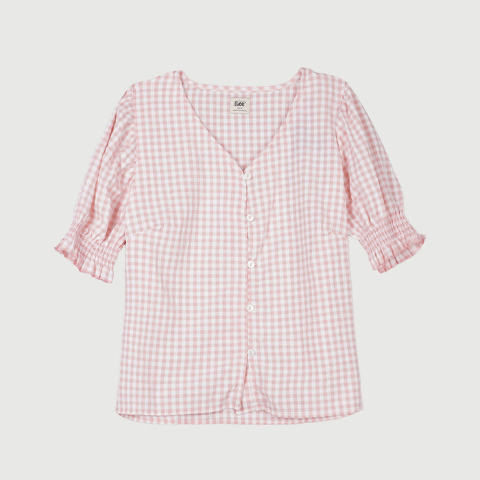 Stylistic Mr. Lee Ladies Basic Woven V Neck Button Down Top for Women Trendy Fashion High Quality Apparel Comfortable Casual Puff Sleeve Top for Women Boxy Fit 141188 (Pink)