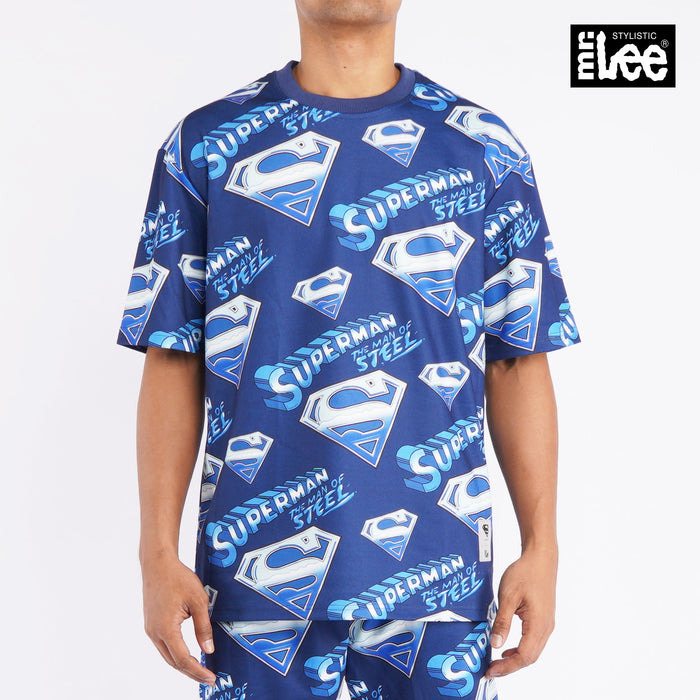 Stylistic Mr. Lee X Justice League The Man of Steel All Over Print Oversized Tee for Men Trendy Fashion High Quality Apparel Comfortable Casual Top for Men 131748 (Navy)