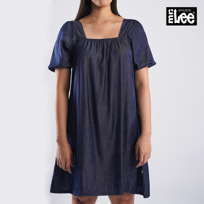 Stylistic Mr. Lee Ladies Basic Dress Trendy Fashion High Quality Apparel Comfortable Casual Puff Sleeve Dress for Women Regular Fit 134395 (Navy)