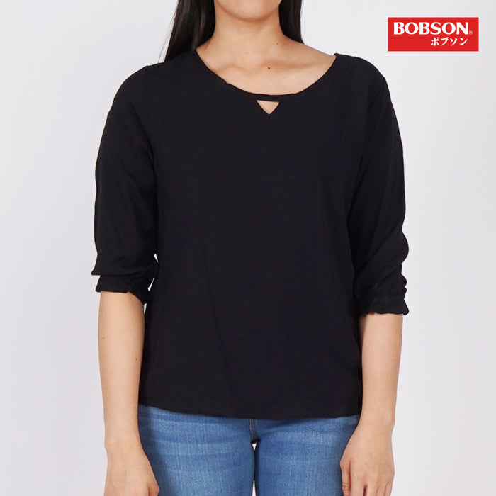 Bobson Japanese Ladies Basic Woven Top for Women Trendy Fashion High Quality Apparel Comfortable Casual Blouse for Women Regular Fit 130790-U (Black)