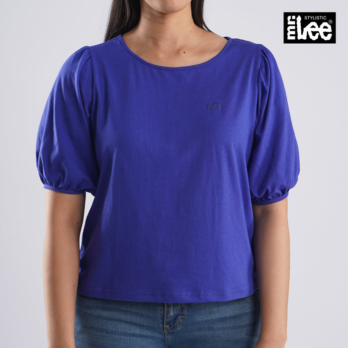 Stylistic Mr. Lee Ladies Basic Tees Garterized Puff Sleeve Trendy Fashion High Quality Apparel Comfortable Casual Top for Women Relaxed Fit 145993 (Blue)