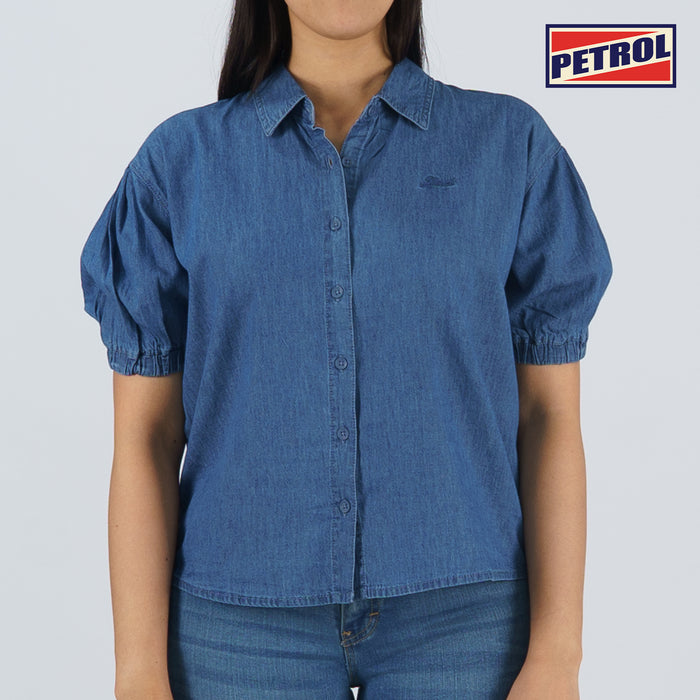 Petrol Ladies' Modified Woven Boxy Fitting Blouse Chambray Fabric Trendy fashion Casual Top Medium Wash Woven Blouse for Ladies 130907 (Medium Wash)