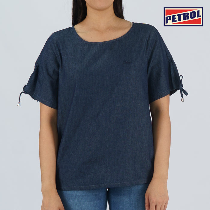 Petrol Ladies' Modified Woven Regular Fitting Blouse Chambray Fabric Trendy fashion Casual Top Dark Wash Woven Blouse for Ladies 130946 (Dark Wash)