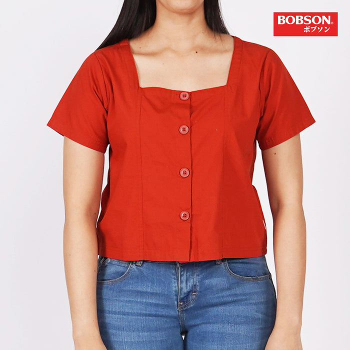 Bobson Japanese Ladies Basic Button Down Woven Top for Women Trendy Fashion High Quality Apparel Comfortable Casual Blouse for Women Regular Fit 121871 (Rust)