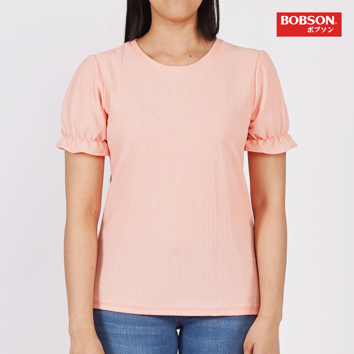 Bobson Japanese Ladies Basic Tees Garterized Sleeves Trendy Fashion High Quality Apparel Comfortable Casual Blouse for Women Regular Fit 140104 (Pink)