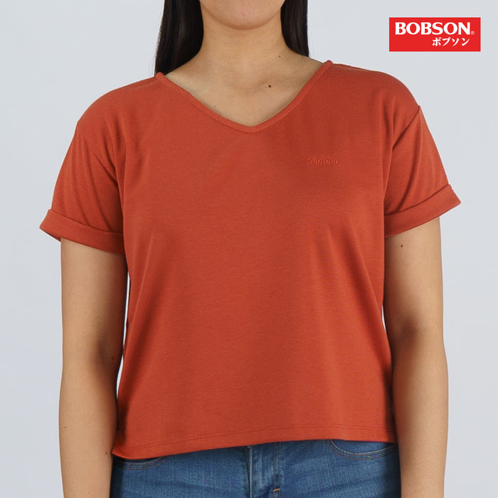 Bobson Japanese Ladies Basic V Neck Tees for Women Trendy Fashion High Quality Apparel Comfortable Casual Top for Women Relaxed Fitting 133313-U (Rust)