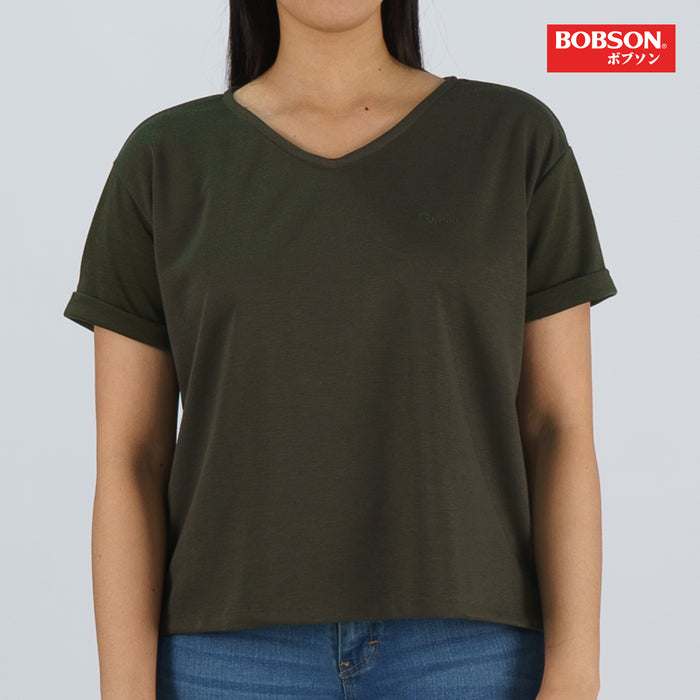 Bobson Japanese Ladies Basic V Neck Tees for Women Trendy Fashion High Quality Apparel Comfortable Casual Top for Women Relaxed Fitting 133313-U (Fatigue)
