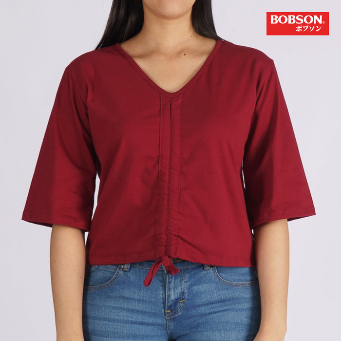 Bobson Japanese Ladies Basic V Neck Tees with Adjustable Front String Trendy Fashion High Quality Apparel Comfortable Casual Top for Women Cotton Spandex Boxy Fit 142011 (Maroon)