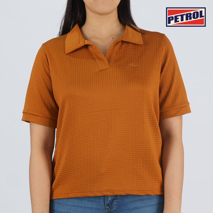 Petrol Basic Collared Shirt for Ladies Boxy Fitting Special Fabric Trendy fashion Casual Top Brown Polo shirt for Ladies 131240 (Brown)