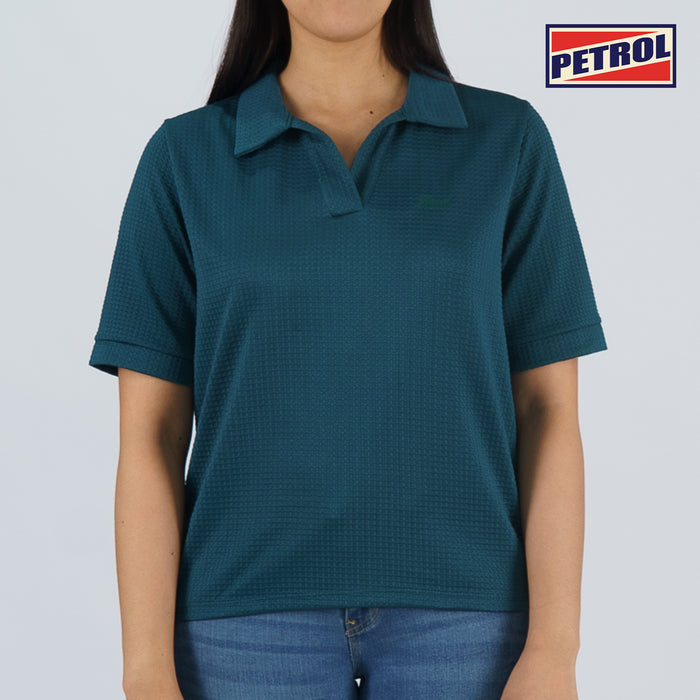 Petrol Basic Collared Shirt for Ladies Boxy Fitting Special Fabric Trendy fashion Casual Top Dark Green Polo shirt for Ladies 131240 (Dark Green)