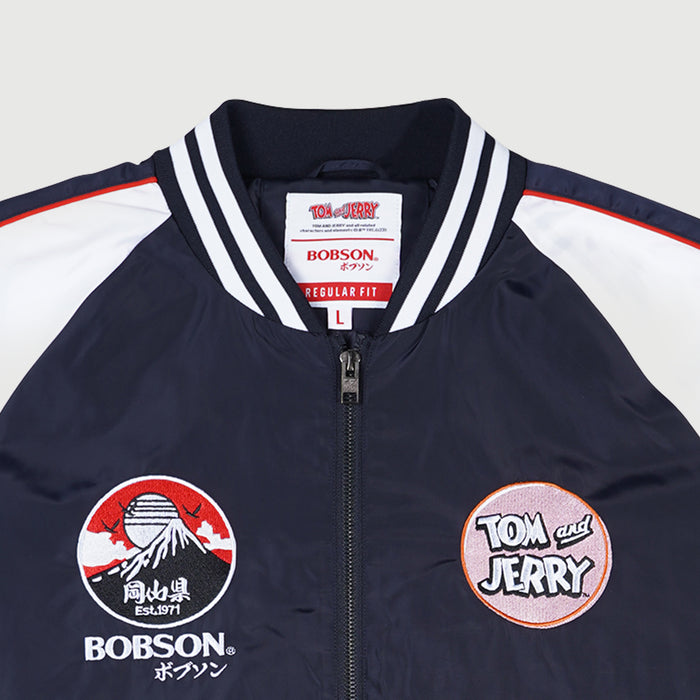 Bobson Japanese X Tom and Jerry Men's Bomber Jacket with Back Print Trendy Fashion High Quality Apparel Comfortable Casual Jacket for Men Regular Fit 132023 (Navy)