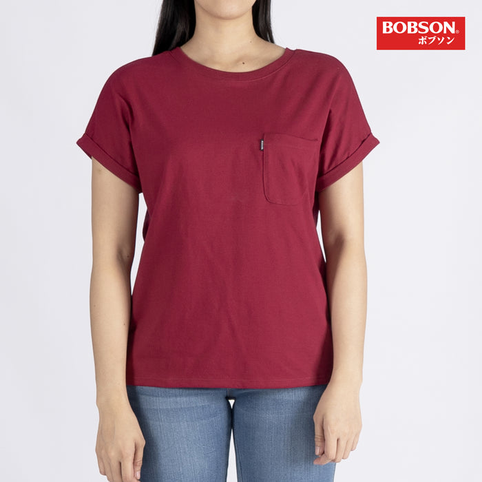 Bobson Japanese Ladies Basic Tees Round Neck Top foe Women Trendy Fashion High Quality Apparel Comfortable Casual Shirt for Women Loose Fitting 134900 (Rumba Red)