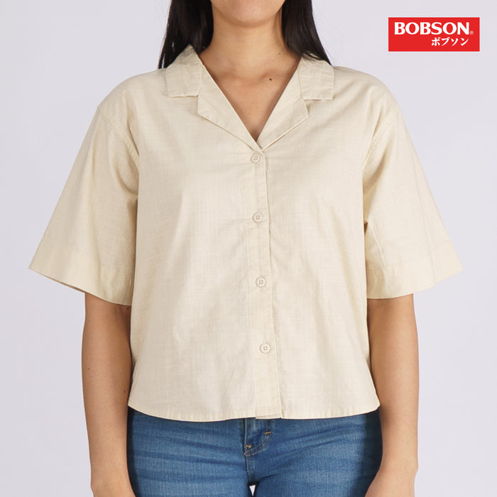 Bobson Japanese Ladies Basic Woven Button Down Top for Women Trendy Fashion High Quality Apparel Comfortable Casual Shirt for Women Boxy Fit 121877 (Beige)