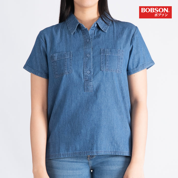 Bobson Japanese Ladies Basic Woven Trendy Fashion High Quality Apparel Comfortable Casual Top for Women Relaxed Fit 131560 (Medium Shade)