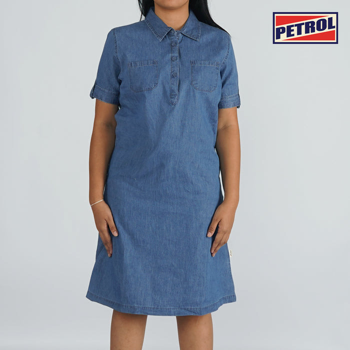 Petrol Ladies' Modified Dress Relaxed Fitting Shirt Blouse Chambray Fabric Trendy fashion Casual Top Medium Wash Woven Blouse for Ladies 130956 (Medium Wash)