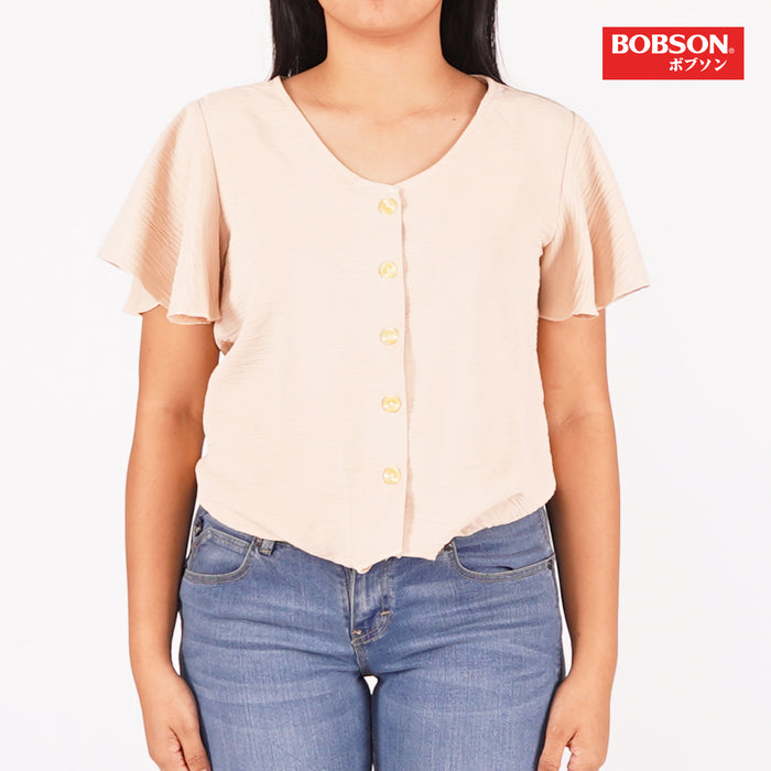 Bobson Japanese Ladies Basic Woven Button Down Top for Women Trendy Fashion High Quality Apparel Comfortable Casual Blouse for Women Boxy Fit 139747 (Beige)