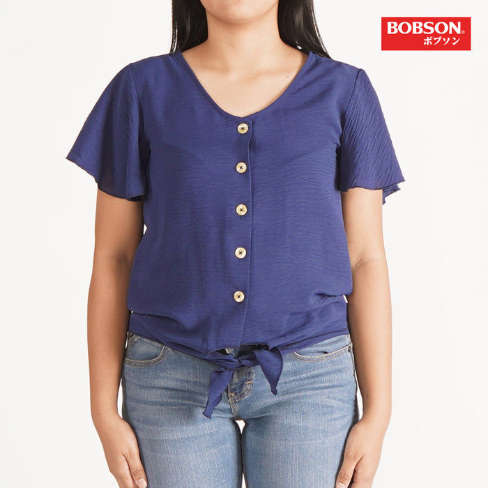 Bobson Japanese Ladies Basic Woven Button Down Top for Women Trendy Fashion High Quality Apparel Comfortable Casual Blouse for Women Boxy Fit 139747 (Blue)