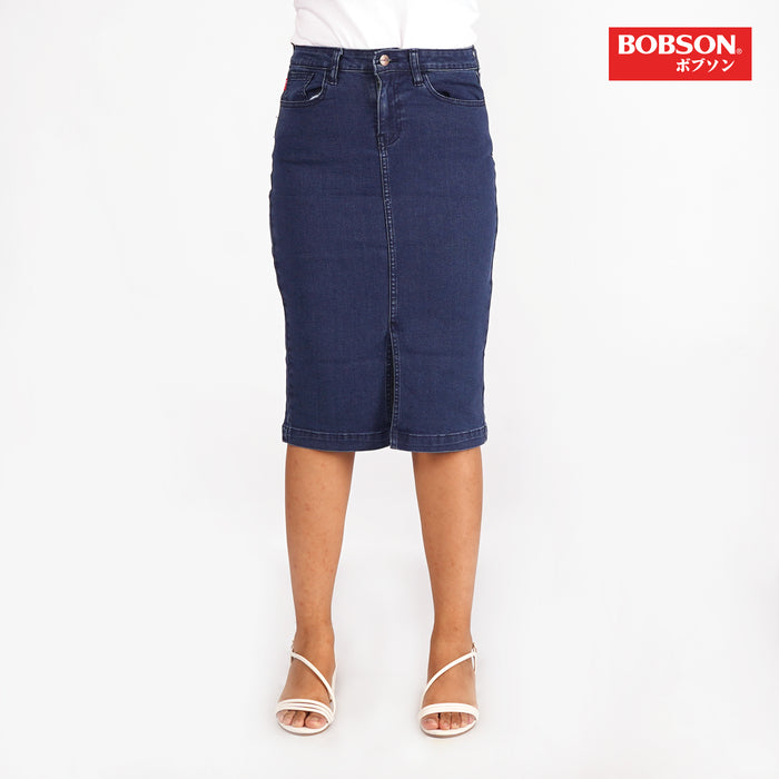 Bobson Japanese Ladies Basic Denim Skirt with front slit for Women Trendy Fashion High Quality Apparel Comfortable Casual Skirt Semi Stretchable for Women 149960 (Dark Shade)