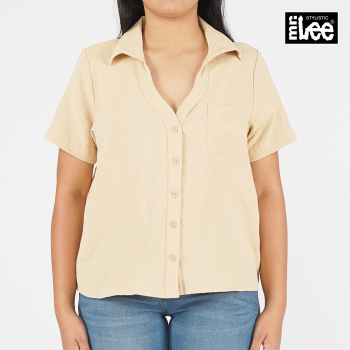 Stylistic Mr. Lee Ladies Basic Woven V-Neck Blouse with Collar for Women Trendy Fashion High Quality Apparel Comfortable Casual Top for Women Boxy Fit 145588 (Beige)