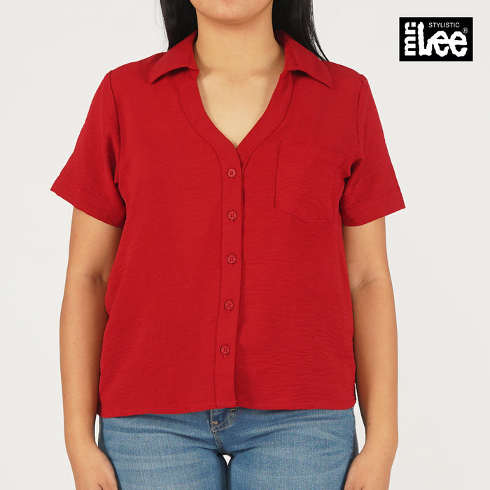 Stylistic Mr. Lee Ladies Basic Woven V-Neck Blouse with Collar for Women Trendy Fashion High Quality Apparel Comfortable Casual Top for Women Boxy Fit 145588 (Red)
