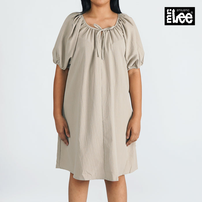 Stylistic Mr. Lee Ladies Basic Plain Dress 3/4 Puff Sleeve for Women Trendy Fashion High Quality Apparel Comfortable Casual Dress for Women Loose Fit 147572 (Beige)