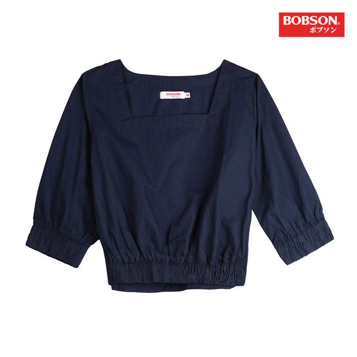 Bobson Japanese Ladies Basic Woven Square Neck Trendy Fashion High Quality Apparel Comfortable Casual Top for Women Regular Fit 121853 (Navy)