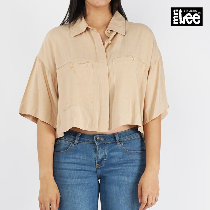 Stylistic Mr. Lee Ladies Basic Woven with Collar for Women Trendy Fashion High Quality Apparel Comfortable Casual Top for Women Boxy Fit 145610 (Beige)