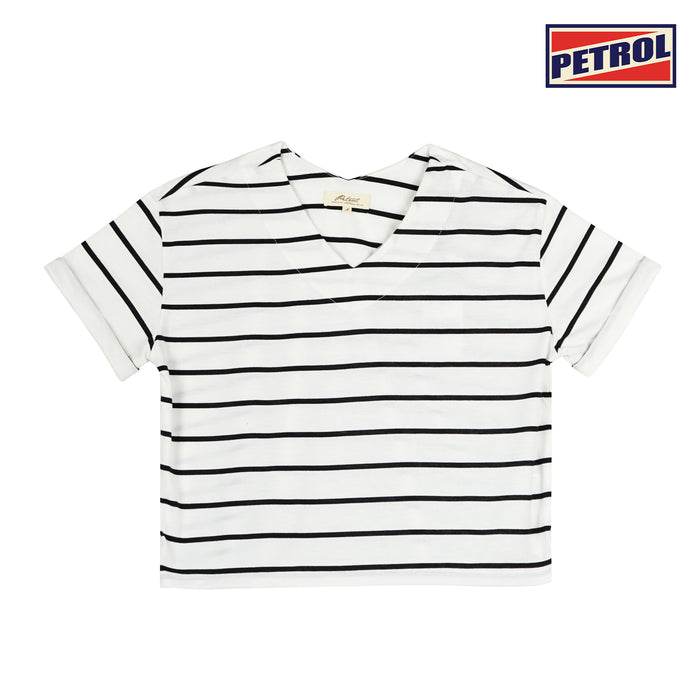 Petrol Basic Tees for Ladies Relaxed Fitting Shirt Stripe Jersey Fabric Trendy fashion Casual Top White T-shirt for Ladies 140904-U (White)