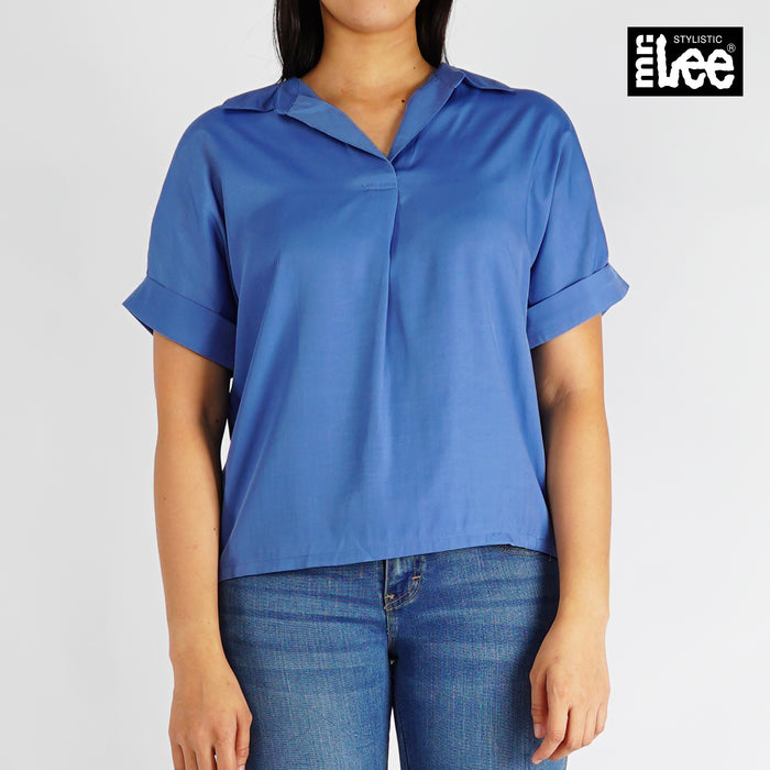 Stylistic Mr. Lee Ladies Basic Woven for Women with Collar Trendy Fashion High Quality Apparel Comfortable Casual Shirt for Women Relaxed Fit 142974 (Blue)